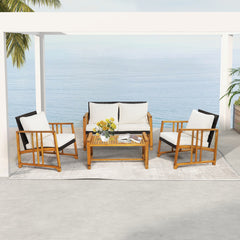 4 Pieces Patio Rattan Conversation Set with Seat and Back Cushions