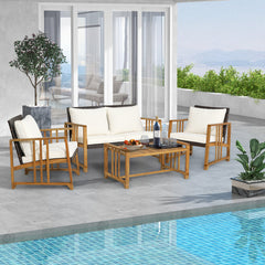 4 Pieces Patio Rattan Conversation Set with Seat and Back Cushions