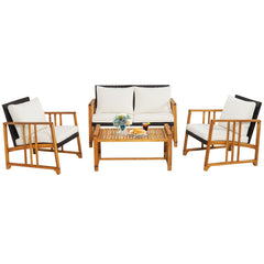 4 Pieces Patio Rattan Conversation Set with Seat and Back Cushions