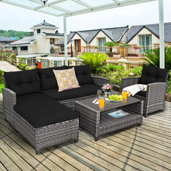 4 Pieces Patio Rattan Sofa Furniture Set with Cushion and 2-Tier Coffee Table