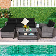 4 Pieces Patio Rattan Sofa Furniture Set with Cushion and 2-Tier Coffee Table