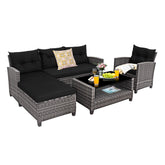 4 Pieces Patio Rattan Sofa Furniture Set with Cushion and 2-Tier Coffee Table