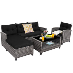 4 Pieces Patio Rattan Sofa Furniture Set with Cushion and 2-Tier Coffee Table
