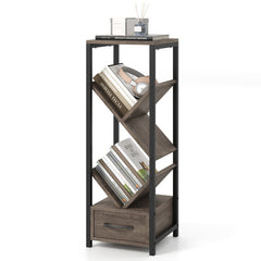 4 Tier Floor Tree Bookshelf with Drawer and Metal Frame