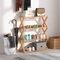 4-Tier Foldable Bamboo Shoe Rack with Slatted Shelves