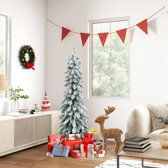 4/5/6 Feet Pre-Lit Artificial Christmas Tree Snow-Flocked Slim Pencil Xmas Decor