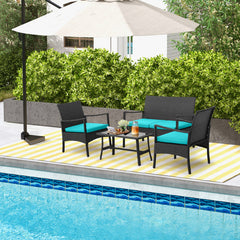 4 Pieces Rattan Conversation Set with Tempered Glass Coffee Table