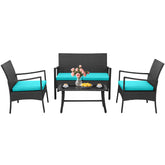 4 Pieces Rattan Conversation Set with Tempered Glass Coffee Table