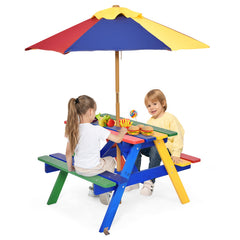 Outdoor 4-Seat Kids Picnic Table Bench Set with Removable Umbrella