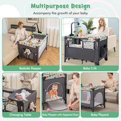 5-in-1 Foldable Baby Playpen Bedside Crib with Music Box
