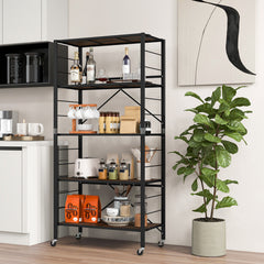 5-Tier Foldable Shelving Unit with Detachable Wheels and Anti-Toppling System