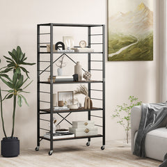 5-Tier Foldable Shelving Unit with Detachable Wheels and Anti-Toppling System