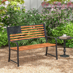 50 Inch Outdoor Garden Bench with Flag Pattern Backrest and Rustic Wood Grain Finish