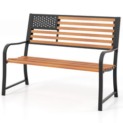 50 Inch Outdoor Garden Bench with Flag Pattern Backrest and Rustic Wood Grain Finish