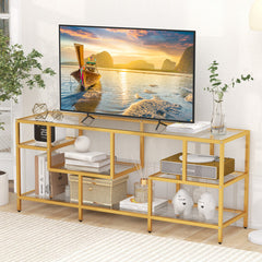 58 Inch TV Console Table with Tempered Glass Shelves for Living Room