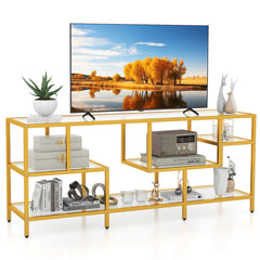 58 Inch TV Console Table with Tempered Glass Shelves for Living Room