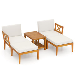 5 Pieces Acacia Wood Patio Chaise Lounge Chair Set with Ottoman and Cushions