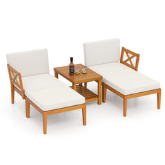 5 Pieces Acacia Wood Patio Chaise Lounge Chair Set with Ottoman and Cushions