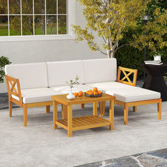 5 Pieces Acacia Wood Patio Furniture Set with 2-Tier Coffee Table and Cushions