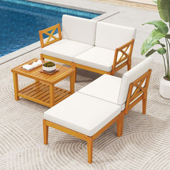 5 Pieces Acacia Wood Patio Furniture Set with 2-Tier Coffee Table and Cushions