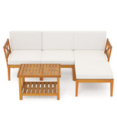 5 Pieces Acacia Wood Patio Furniture Set with 2-Tier Coffee Table and Cushions