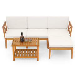 5 Pieces Acacia Wood Patio Furniture Set with 2-Tier Coffee Table and Cushions