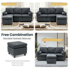 3 Seats L-Shaped Movable Convertible Sectional Sofa with Ottoman