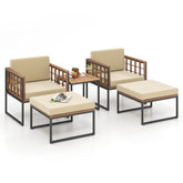 5 Piece Outdoor Furniture Set Acacia Wood Chair Set with Ottomans and Coffee Table