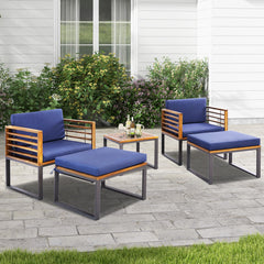 5 Piece Patio Acacia Wood Chair Set with Ottomans and Coffee Table