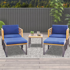 5 Piece Patio Acacia Wood Chair Set with Ottomans and Coffee Table