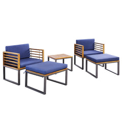 5 Piece Patio Acacia Wood Chair Set with Ottomans and Coffee Table