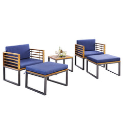 5 Piece Patio Acacia Wood Chair Set with Ottomans and Coffee Table