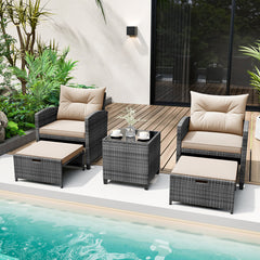 5 Piece Patio Rattan Furniture with 2 Ottomans and Tempered Glass Coffee Table