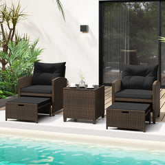 5 Pieces Patio Rattan Furniture with 2 Ottomans and Tempered Glass Coffee Table