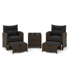 5 Pieces Patio Rattan Furniture with 2 Ottomans and Tempered Glass Coffee Table