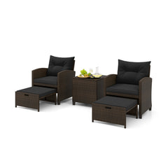 5 Pieces Patio Rattan Furniture with 2 Ottomans and Tempered Glass Coffee Table