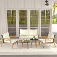 5 Piece Rattan Furniture Set Wicker Sofa Set with 2 Tempered Glass Coffee Tables