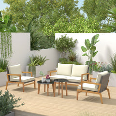 5 Piece Rattan Furniture Set Wicker Sofa Set with 2 Tempered Glass Coffee Tables