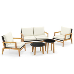 5 Piece Rattan Furniture Set Wicker Sofa Set with 2 Tempered Glass Coffee Tables