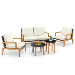 5 Piece Rattan Furniture Set Wicker Sofa Set with 2 Tempered Glass Coffee Tables