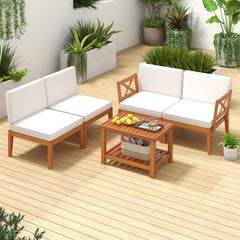 5 Pieces Acacia Wood Patio Furniture Set Outdoor Sectional Conversation Set with Cushions