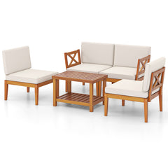 5 Pieces Acacia Wood Patio Furniture Set Outdoor Sectional Conversation Set with Cushions