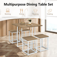 5 Pieces Metal Frame Dining Set with Compact Dining Table and 4 Stools