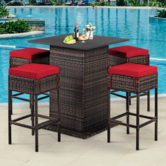 5 Pieces Patio Rattan Bar Furniture Set with Cushions and Hidden Storage Shelf