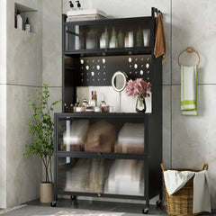 5 Tier Kitchen Bakers Rack with Lights Multifunctional Microwave Stand with Flip Door Cabinets