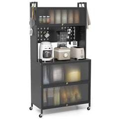 5 Tier Kitchen Bakers Rack with Lights Multifunctional Microwave Stand with Flip Door Cabinets