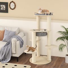 5-level Wooden Cat Tree with Padded Perch Non-woven Hammock