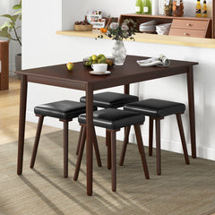 5 Piece Dining Table Set for 4 with 4 Upholstered Stools and Rubber Wood Legs