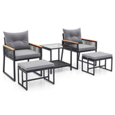 5 Piece Outdoor Rattan Conversation Set with 2-Layer Side Table and 2 Ottomans