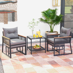 5 Piece Outdoor Rattan Conversation Set with 2-Layer Side Table and 2 Ottomans